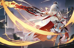 Rule 34 | 1girl, absurdres, antenna hair, bare shoulders, black gloves, blue eyes, breasts, cape, city, cleavage, closed mouth, earrings, flaming sword, flaming weapon, gauntlets, gloves, hair between eyes, hair ornament, highres, holding, holding sword, holding weapon, honkai (series), honkai impact 3rd, jewelry, kiana kaslana, kiana kaslana (herrscher of flamescion), leg up, long hair, looking at viewer, outdoors, ponytail, smile, solo, sunset, sword, sye-, torn cape, torn clothes, v-shaped eyebrows, weapon, white hair