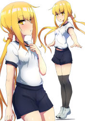 Rule 34 | 1girl, black thighhighs, blonde hair, blush, breasts, comala (komma la), gym uniform, highres, kantai collection, long hair, low twintails, multiple views, open mouth, satsuki (kancolle), shadow, shirt, shoes, shorts, simple background, small breasts, sneakers, sweat, thighhighs, twintails, white background, white footwear, white shirt, yellow eyes