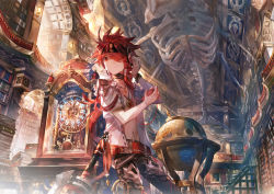 Rule 34 | armor, belt, cellphone, choker, clock, colorized, elsword, elsword (character), globe, hair over one eye, hairband, headphones, indoors, jewelry, library, long hair, necklace, open clothes, open shirt, pants, pauldrons, phone, ponytail, red eyes, red hair, rune master (elsword), scorpion5050, shirt, shoulder armor, sidelocks, skeleton, smartphone, solo, sword, weapon