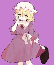 Rule 34 | 1girl, 76gpo, blonde hair, closed mouth, dress, hand in own hair, hat, highres, holding luggage, looking at viewer, luggage, maribel hearn, mob cap, one-hour drawing challenge, purple background, purple dress, short hair, simple background, smile, solo, touhou, white hat, yellow eyes