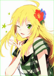 Rule 34 | 1girl, ahoge, blonde hair, blue flower, breasts, cleavage, flower, green eyes, hair flower, hair ornament, hakusai (tiahszld), hoshii miki, idolmaster, idolmaster (classic), long hair, looking at viewer, one eye closed, red flower, shirt, solo, striped clothes, striped shirt