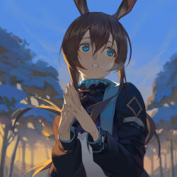 Rule 34 | 1girl, absurdres, amiya (arknights), arknights, black jacket, blue eyes, blue sky, breath, brown hair, cloud, commentary request, day, doconim, hair between eyes, hands up, highres, jacket, long hair, long sleeves, looking away, looking to the side, open clothes, open jacket, outdoors, parted lips, puffy long sleeves, puffy sleeves, shirt, sky, solo, steepled fingers, tree, upper body, very long hair, white shirt