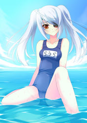 Rule 34 | 10s, 1girl, a flow, bad id, bad pixiv id, beach, day, eyepatch, infinite stratos, laura bodewig, long hair, name tag, one-piece swimsuit, outdoors, partially submerged, red eyes, school swimsuit, silver hair, sitting, solo, swimsuit, twintails, water, wet
