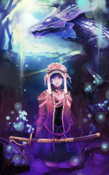 Rule 34 | 1girl, blue hair, dragon, hat, highres, kibamigohann, purple eyes, solo, sword, weapon