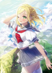 Rule 34 | 10s, 1girl, blonde hair, blush, braid, breasts, cloud, commentary request, crown braid, day, grass, green eyes, hand on own head, highres, looking at viewer, love live!, love live! sunshine!!, medium breasts, mountain, neckerchief, ohara mari, one eye closed, outdoors, pleated skirt, red neckerchief, school uniform, serafuku, shirt, short sleeves, skirt, sky, smile, solo, standing, thighhighs, tongue, tongue out, walking, white shirt, white thighhighs, wind, yana mori