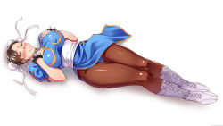 Rule 34 | 1girl, blush, boots, bracelet, breasts, brown eyes, brown hair, capcom, china dress, chinese clothes, chun-li, clenched teeth, cross-laced footwear, double bun, dress, earrings, full body, hair bun, highres, jewelry, knee boots, lace-up boots, large breasts, leotard, leotard under clothes, lips, pantyhose, pelvic curtain, puffy short sleeves, puffy sleeves, shinkaui, shiny clothes, short sleeves, simple background, solo, spiked bracelet, spikes, street fighter, teeth, white background, white footwear
