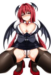 Rule 34 | 1girl, absurdres, arched soles, arms at sides, bat wings, between legs, black skirt, black tail, black vest, blouse, blush, breasts, bursting breasts, cleavage, closed mouth, collared shirt, commentary request, crotch seam, demon girl, demon tail, demon wings, dress shirt, garter straps, gluteal fold, groin, hair intakes, half-closed eyes, head tilt, head wings, heart, heart-shaped pupils, high heels, highres, isshin (sasayamakids), koakuma, large breasts, long hair, long sleeves, nose blush, panties, pencil skirt, pov, pov crotch, puffy long sleeves, puffy sleeves, red eyes, red footwear, red hair, red neckwear, shirt, simple background, skirt, smile, solo, squatting, symbol-shaped pupils, tail, tail between legs, tail raised, taut clothes, taut shirt, taut skirt, taut vest, thighhighs, touhou, underboob, underwear, upskirt, vest, white background, white panties, white shirt, wing collar, wings