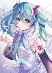 Rule 34 | 1girl, aqua eyes, aqua hair, aqua necktie, arm at side, armpit crease, bare shoulders, black sleeves, blue nails, blurry, breasts, closed mouth, cupping hand, depth of field, detached sleeves, dot nose, eighth note, eyelashes, fingernails, glitter, gradient background, grey background, hair between eyes, hand up, happy, hatsune miku, hatsune miku happy 16th birthday -dear creators-, headset, high collar, highres, instrument, keyboard (instrument), light particles, long hair, looking at viewer, looking up, medium breasts, musical note, necktie, notebook, number tattoo, saine, see-through, see-through sleeves, shirt, shoulder tattoo, sidelighting, sidelocks, simple background, sleeveless, sleeveless shirt, smile, solo, tareme, tattoo, tie clip, twintails, underboob, upper body, very long hair, vocaloid, white background, white shirt, white wings, wide sleeves, wings