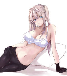 Rule 34 | 1girl, absurdres, arm support, black gloves, blonde hair, blue eyes, blush, bra, breasts, cleavage, collarbone, commentary, english commentary, eyebrows hidden by hair, gloves, graf zeppelin (kancolle), hair over breasts, hair over eyes, hand on own hip, highres, kantai collection, large breasts, leaning to the side, long hair, looking at viewer, lying, navel, on side, pantyhose, parted lips, pillow, rizzl, sitting, solo, twintails, underwear, white bra