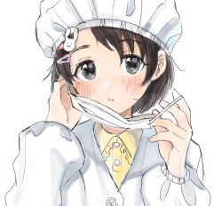 Rule 34 | 1girl, adjusting mask, black eyes, black hair, blush, breasts, dot nose, frilled shirt collar, frills, hair ornament, hairclip, hands up, hat, highres, idolmaster, idolmaster cinderella girls, idolmaster cinderella girls starlight stage, jacket, long sleeves, looking at viewer, mask, mouth mask, nanagaedemo, parted lips, rabbit hair ornament, sasaki chie, shirt, short hair, simple background, small breasts, solo, upper body, white background, white hat, white jacket, yellow shirt
