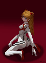 Rule 34 | 1girl, absurdres, arm support, artist request, ass, bodysuit, breasts, brown hair, curvy, evangelion: 3.0+1.0 thrice upon a time, expressionless, female focus, from behind, full body, hair between eyes, hair ornament, highres, huge ass, kneeling, long hair, medium breasts, neon genesis evangelion, pilot suit, plugsuit, rebuild of evangelion, red background, simple background, solo, souryuu asuka langley, spread legs, standing, very long hair, white bodysuit, wide hips