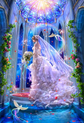 Rule 34 | 1girl, bird, bouquet, bridal veil, castle, colorful, commentary, dove, dress, closed eyes, flower, gown, hair flower, hair ornament, indoors, light particles, moon, night, original, petals, profile, rainbow, reflection, rose, short hair, sky, sleeveless, sleeveless dress, solo, stained glass, star (sky), strapless, strapless dress, takashi mare, veil, water, wedding dress, window