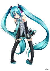 Rule 34 | 1girl, absurdres, akagi rio, aqua hair, blue eyes, boots, detached sleeves, female focus, hatsune miku, headset, highres, long hair, looking at viewer, necktie, pigeon-toed, simple background, skirt, smile, solo, thigh boots, thighhighs, twintails, very long hair, vocaloid, white background