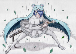 Rule 34 | 1girl, artist name, blue eyes, blue hair, blue hat, capelet, commentary, digimon, digimon (creature), dress, english commentary, fighting stance, full body, grin, hair over one eye, hat, hat with ears, high heels, holding, holding sword, holding weapon, looking at viewer, saichi-san, sheath, sheathed, sistermon ciel, smile, solo, standing, sword, teeth, thighhighs, traditional media, weapon, white capelet, white dress, white footwear, white thighhighs