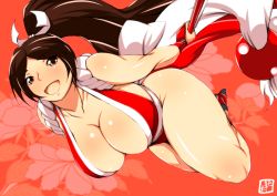 Rule 34 | 1girl, breasts, brown eyes, brown hair, donson, fatal fury, happy, huge breasts, long hair, no bra, no panties, open mouth, ponytail, revealing clothes, shiranui mai, smile, very long hair