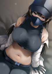Rule 34 | 1girl, belt, black belt, black gloves, black hair, black mask, black pants, blue archive, blue hat, breasts, commentary request, gloves, hat, highres, lab coat, large breasts, long hair, looking at viewer, mask, midriff, mouth mask, navel, pants, ryouma (galley), saori (blue archive), sitting, solo, stomach