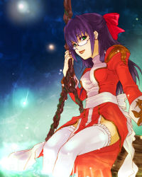 Rule 34 | 1girl, bow, breasts, closed mouth, commentary request, dress, feet out of frame, garter straps, glasses, green eyes, hair bow, high priest (ragnarok online), koshou (maayan), long hair, looking at viewer, medium breasts, purple hair, ragnarok online, red bow, red dress, rope, sash, semi-rimless eyewear, sitting, smile, solo, thighhighs, two-tone dress, under-rim eyewear, water, white bow, white dress, white sash, white thighhighs