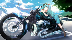 Rule 34 | 1girl, blue eyes, blue hair, boots, brown footwear, can, day, goggles, goggles on head, highres, holding, holding can, kawashiro nitori, looking at viewer, motor vehicle, motorcycle, outdoors, sakushou, solo, summer, touhou, two side up
