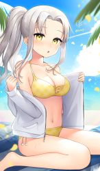 Rule 34 | 1girl, :o, bare legs, barefoot, beach, bikini, blush, breasts, day, grey hair, hood, hooded jacket, jacket, konogi nogi, large breasts, looking at viewer, navel, ocean, open clothes, open jacket, original, outdoors, parted lips, ponytail, sitting, solo, sweat, swimsuit, twitter username, undressing, wariza, white bikini, white jacket, yellow bikini, yellow eyes
