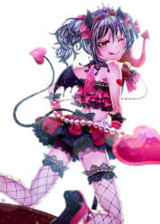 Rule 34 | 10s, 1girl, bare shoulders, black hair, blush, choker, demon girl, demon wings, earrings, fishnet legwear, fishnets, flower, from behind, hair ornament, hair ribbon, hairclip, heart, heart tattoo, high heels, horns, jewelry, looking at viewer, love live!, love live! school idol festival, love live! school idol project, midriff, one eye closed, petite, pink rose, pitchfork, purple rose, red eyes, red rose, ribbon, rose, simple background, skirt, smile, solo, strapless, suzutou, tail, tattoo, tiara, tongue, tongue out, tube top, twintails, white background, wings, yazawa nico