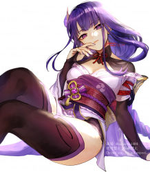 Rule 34 | 1girl, armor, black legwear, black panties, braid, breasts, bridal gauntlets, center opening, cleavage, closed mouth, commentary, dated, expressionless, eyeshadow, feet out of frame, floral print, genshin impact, hair ornament, highres, japanese clothes, kimono, lace, lace-trimmed panties, lace trim, leaning back, lips, long hair, looking at viewer, low-braided long hair, low-tied long hair, makeup, medium breasts, mitsudomoe (shape), mole, mole under eye, nail polish, obi, obiage, obijime, off shoulder, ojo aa, panties, purple eyes, purple hair, purple kimono, purple nails, raiden shogun, sash, shoulder armor, sidelocks, signature, simple background, sitting, solo, thighs, tomoe (symbol), twitter username, underwear, vision (genshin impact), watermark, white background