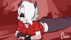 Rule 34 | 1girl, animated, animated gif, ass, black pants, black tail, blush, choker, cigarette, closed mouth, demon girl, demon horns, demon tail, diives, english text, hair over one eye, helltaker, holding, holding cigarette, horns, lying, male hand, on stomach, open mouth, pants, prehensile tail, red eyes, red shirt, shirt, short hair, short sleeves, solo focus, speech bubble, tail, triangle mouth, white hair, zdrada (helltaker)