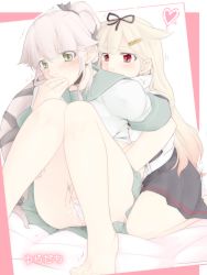 Rule 34 | 10s, 2girls, barefoot, blonde hair, crying, crying with eyes open, finger in another&#039;s mouth, fingering, grabbing, grabbing from behind, green eyes, hair flaps, hair ornament, hair ribbon, hairclip, hand in mouth, hand in panties, heart, kantai collection, multiple girls, neko majin, panties, pink hair, ponytail, pussy juice, red eyes, remodel (kantai collection), ribbon, sailor collar, skirt, tears, trembling, two side up, underwear, yura (kancolle), yuri, yuudachi (kancolle)