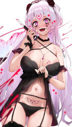Rule 34 | 1girl, :d, bao (vtuber), black choker, black dress, black thighhighs, blush, breasts, choker, cleavage, commentary, cowboy shot, criss-cross halter, dress, garter belt, halterneck, head tilt, heart, heart-shaped pupils, highres, holding, holding knife, holding weapon, indie virtual youtuber, knife, large breasts, long hair, looking at viewer, navel, open mouth, pink hair, pubic tattoo, purple eyes, skai kun, smile, solo, standing, stomach, symbol-shaped pupils, tattoo, thighhighs, thighs, very long hair, weapon