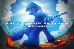 Rule 34 | 1boy, angry, blue sky, clone, facial hair, hat, highres, looking at viewer, mario (series), mustache, nintendo, paint, paintbrush, red eyes, shadow mario, sky, solo, sun, super mario sunshine