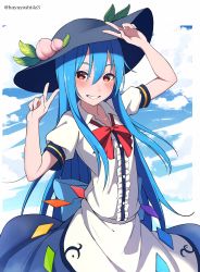 Rule 34 | 1girl, arms up, back bow, blue hair, blue sash, blue sky, blush, bow, bowtie, buttons, center frills, cloud, collared shirt, colored eyelashes, commentary request, double v, feet out of frame, fingernails, food, frills, fruit, fruit hair ornament, grin, hair between eyes, hat, highres, hinanawi tenshi, leaf hat ornament, lips, long hair, open mouth, peach, peach hat ornament, puffy short sleeves, puffy sleeves, rainbow order, red bow, red bowtie, red eyes, red ribbon, ribbon, sash, shirt, short sleeves, sky, smile, solo, standing, teeth, touhou, twitter username, upper body, v, white shirt, wing collar, yoshinatsu