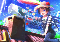 Rule 34 | 1girl, :d, aiuabo, black hair, blouse, blue eyes, child, ears visible through hair, flat chest, frog, hat, highres, kneeling, koinobori, long hair, nail polish, one eye closed, open mouth, original, outdoors, overalls, rooftop, shirt, smile, solo, straw hat, striped clothes, striped shirt, wallpaper, windsock