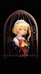 Rule 34 | 1girl, absurdres, ascot, birdcage, black background, blonde hair, cage, chunjiu, closed mouth, collared shirt, copyright name, crystal, earrings, flandre scarlet, frilled shirt collar, frills, frown, hair between eyes, hair ribbon, hat, highres, jewelry, light blush, long hair, looking at viewer, mob cap, one side up, puffy short sleeves, puffy sleeves, red eyes, red ribbon, red skirt, red vest, ribbon, shirt, short sleeves, simple background, skirt, solo, touhou, upper body, vest, white hat, white shirt, wings, yellow ascot