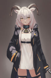 Rule 34 | 1girl, animal ears, arknights, beeswax (arknights), black coat, black collar, cigarette, coat, collar, commentary, cowboy shot, dark-skinned female, dark skin, dolri, dress, goat ears, goat girl, goat horns, hair between eyes, hand in pocket, highres, holding, horns, infection monitor (arknights), mouth hold, open clothes, open coat, short hair, smoking, solo, white dress, white hair, yellow eyes