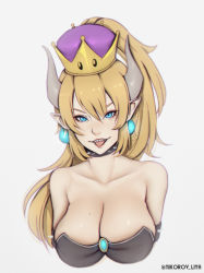 Rule 34 | 1girl, absurdres, armlet, artist name, bad id, bad pixiv id, bare shoulders, black dress, blonde hair, blue eyes, bowsette, breasts, cleavage, collar, collarbone, crown, dress, earrings, gem, grey background, hair between eyes, highres, horns, jewelry, large breasts, liya nikorov, long hair, looking at viewer, mario (series), mole, mole on breast, mole on neck, new super mario bros. u deluxe, nintendo, open mouth, pointy ears, ponytail, sharp teeth, solo, spiked armlet, spiked collar, spikes, strapless, strapless dress, super crown, teeth, tongue, tongue out, upper body, very long hair