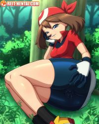 Rule 34 | 1girl, ass, bandana, blue eyes, brown hair, cameltoe, come hither, creatures (company), female focus, forest, game freak, gloves, highres, legs together, looking at viewer, may (pokemon), nature, naughty face, nintendo, pokemon, pokemon rse, pussy juice, reit, seductive smile, short hair, smile