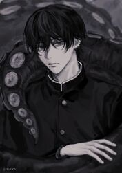 Rule 34 | 177 09cm, 1boy, artist name, black hair, chainsaw man, closed mouth, ear piercing, expressionless, greyscale, hair between eyes, hand on own arm, highres, looking at viewer, male focus, mole, mole under mouth, monochrome, multiple piercings, piercing, school uniform, solo, tentacles, upper body, yoshida hirofumi