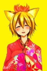 Rule 34 | 1girl, alternate costume, animal ears, blonde hair, blush, closed eyes, facing viewer, fangs, female focus, floral print, han (jackpot), hands in opposite sleeves, japanese clothes, kimono, open mouth, short hair, simple background, solo, toramaru shou, touhou, upper body, yellow background