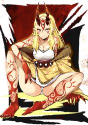 Rule 34 | 1girl, absurdres, agetama, alternate breast size, beads, blonde hair, facial mark, fang, fang out, fate/grand order, fate (series), fingernails, forehead mark, highres, horns, ibaraki douji (fate), japanese clothes, kimono, looking at viewer, off shoulder, oni, oni horns, panties, pantyshot, pointy ears, sharp fingernails, sharp toenails, short kimono, sitting, solo, tattoo, toenails, underwear, yellow eyes, yellow kimono