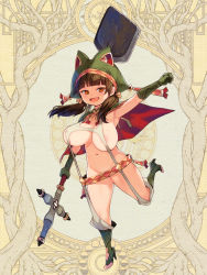 Rule 34 | 1girl, areola slip, art nouveau, blunt bangs, boots, breasts, brown hair, capelet, clenched hand, dairoku ryouhei, fang, full body, gloves, green footwear, green gloves, hat, high heels, holding, holding weapon, large breasts, leg up, long hair, looking at viewer, navel, official art, open mouth, orange eyes, revealing clothes, ryoji (nomura ryouji), shortstack, shovel, smile, solo, suspenders, twintails, weapon