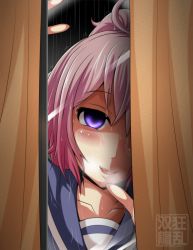 Rule 34 | 1girl, aoba (kancolle), blush, commentary request, kantai collection, kyouran souryuu, looking at viewer, purple eyes, purple hair, smile, solo, water drop, window, yandere