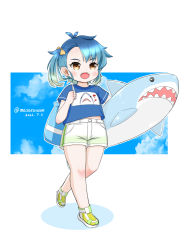 Rule 34 | 1girl, alternate costume, bag, blue hair, blue shirt, blue sky, brown eyes, cloud, commentary request, fangs, fukae (kancolle), full body, gradient hair, inflatable shark, inflatable toy, kantai collection, masara (chuujou), multicolored hair, one-hour drawing challenge, shirt, shoes, short hair, shorts, side ponytail, sidelocks, sky, sneakers, solo, t-shirt, tsurime, white shorts, yellow footwear