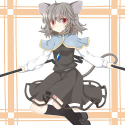 Rule 34 | 1girl, animal ears, bad id, bad pixiv id, black socks, blush, capelet, dowsing rod, dress, female focus, fuuen (akagaminanoka), grey dress, grey hair, jewelry, mouse ears, mouse tail, nazrin, necklace, outstretched arms, red eyes, short hair, smile, socks, solo, tail, touhou