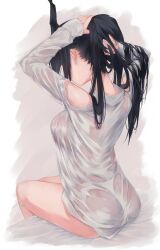 Rule 34 | 1girl, arms up, ass, bare legs, black hair, breasts, chrysanthemums, demon horns, from behind, highres, hololive, hololive english, horns, large breasts, long hair, looking down, nerissa ravencroft, no pants, see-through, see-through shirt, shirt, sitting, solo, thighs, tying hair, very long hair, virtual youtuber, white shirt