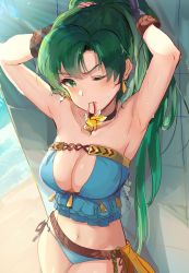 Rule 34 | 1girl, absurdres, armpits, arms behind head, arms up, bare shoulders, bikini, black gloves, blue bikini, blush, breasts, cleavage, closed mouth, collarbone, earrings, fire emblem, fire emblem: the blazing blade, fire emblem heroes, gloves, green eyes, green hair, high ponytail, highres, jewelry, large breasts, long hair, looking at viewer, lyn (fire emblem), lyn (summer) (fire emblem), navel, nintendo, ormille, ponytail, solo, strapless, strapless bikini, swimsuit, tying hair, very long hair