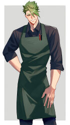 Rule 34 | 1boy, absurdres, achilles (fate), apron, arm at side, arm behind back, black pants, black shirt, border, brown eyes, collared shirt, cowboy shot, fate/grand order, fate (series), fingerless gloves, gloves, green apron, grey background, grin, haruakira, highres, looking at viewer, male focus, mature male, pants, pen, shirt, short hair, sleeves past elbows, smile, solo, undercut, white border