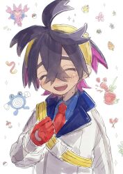 1boy apple berry_(pokemon) black_hair blush closed_eyes collared_shirt creatures_(company) crossed_bangs dipplin facing_viewer fangs flower_symbol food fruit game_freak gen_1_pokemon gen_2_pokemon gligar gloves hair_between_eyes hairband highres hnai_0 jacket kieran_(pokemon) long_sleeves male_focus mole mole_on_neck multicolored_hair nintendo open_mouth poke_ball poke_ball_(basic) pokemon pokemon_(creature) pokemon_sv poliwhirl purple_hair red_gloves shirt simple_background sparkle tongue tongue_out upper_body white_background white_jacket yellow_hairband