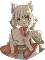 Rule 34 | 1girl, animal ears, bare shoulders, code nt, eyebrows visible through hat, fur, halterneck, head tilt, looking at viewer, mio (xenoblade), parted lips, simple background, solo, white background, white hair, wide sleeves, xenoblade chronicles (series), xenoblade chronicles 3, yellow eyes