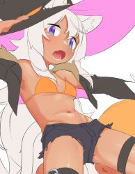Rule 34 | 1girl, animal ear fluff, animal ears, arm up, bikini, bikini under clothes, black hat, black jacket, black shorts, blue eyes, blush, breasts, commentary request, cropped jacket, ears through headwear, hair between eyes, hand on headwear, hat, highleg, highleg bikini, jacket, looking at viewer, open clothes, open jacket, open mouth, orange bikini, original, owasaki, short shorts, shorts, simple background, small breasts, solo, swimsuit, thigh strap, white background, white hair, witch hat