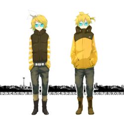 Rule 34 | 1boy, 1girl, blonde hair, boots, bow, brother and sister, coat, glasses, hands in pockets, kagamine len, kagamine rin, pants, siblings, standing, tomsan, twins, vocaloid
