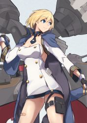 Rule 34 | 1girl, azur lane, bandaid, black gloves, blonde hair, blue background, blue eyes, breasts, california (azur lane), cleavage, commentary request, dress, fingerless gloves, gloves, hair between eyes, hat, highres, jacket, jacket on shoulders, machinery, marshall k, medium breasts, necktie, outdoors, panties, short hair, smile, solo, standing, thigh strap, thighs, underwear